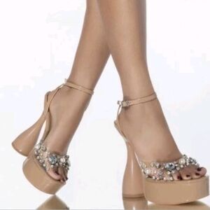 Elegant Tan Platform Heels with Pearls